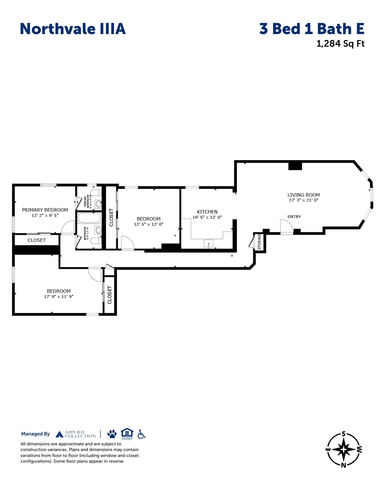 Floor plan for 3 beds, 1.5 baths, 1284 sqft
